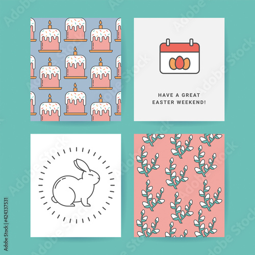 Easter Set of Postcards, Gift Tags, Design Templates Drawn in a Linear style. Pattern of Pussy Willow, Flip Calendar with Colored Eggs, Bunny, Pattern with Easter Cake Kulich