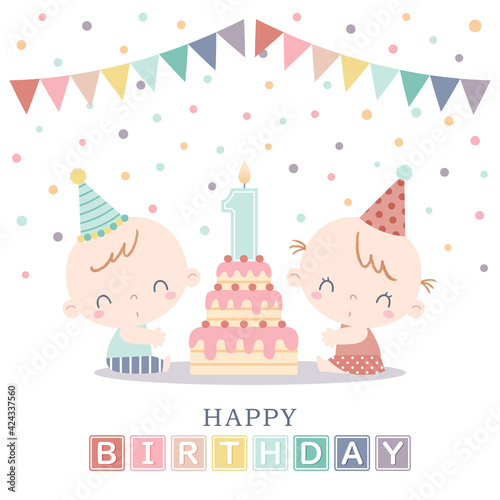 Two babies celebrating their first birthday with layered birthday cake, number candle, garlands, and confetti. Boy and girl twin's first birthday party.