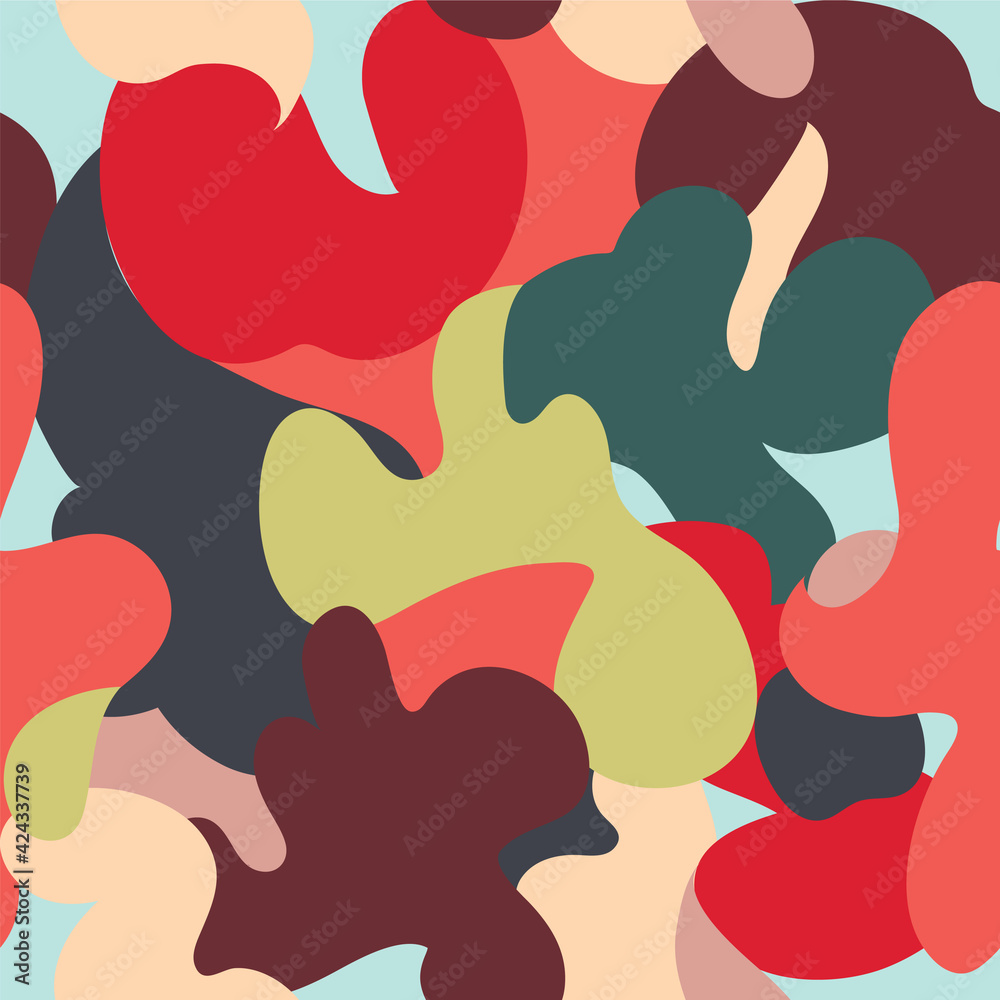 Fototapeta premium Multicolor bright seamless camo background. Flat abstract trendy vector wallpaper print. Seamless camouflage pattern. Military fashion design.