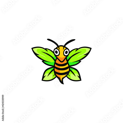 cute bee with wings in the form of leaves logo    natural symbol illustration