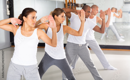 Group of beginners mastering martial arts for self defence  synchronously repeating basic movements in gym..