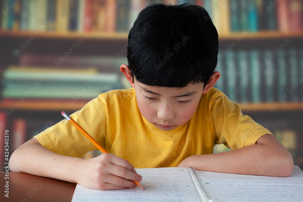 Young Asian boy studying in school library Young Asian boy studying in school library