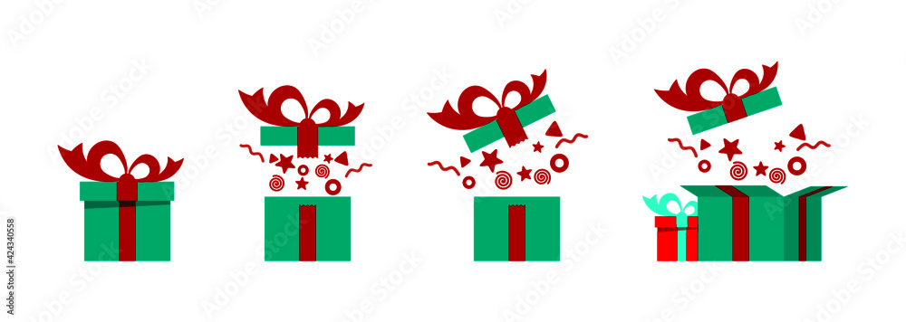 Gift box. Set of animated gift boxes and surprise in boxes. Vector illustration, flat design, graphic elements