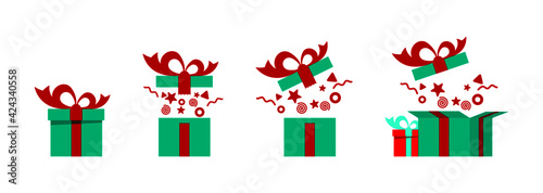Gift box. Set of animated gift boxes and surprise in boxes. Vector illustration, flat design, graphic elements