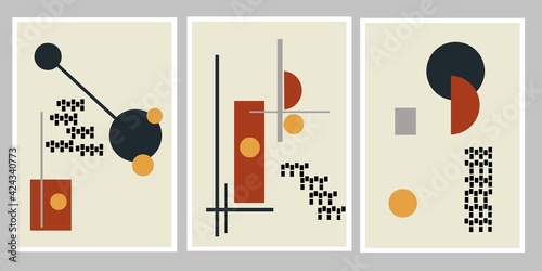 Set three pieces of abstract Geometric mid century modern wall art. Minimalist wall decor. Neutral color wall Decorations.
