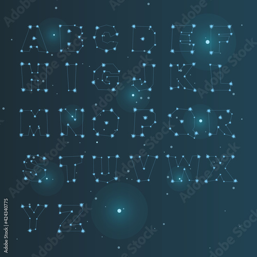 Alphabet in the form of a constellation. Bright cosmic letters from stars. ABC Vector.
