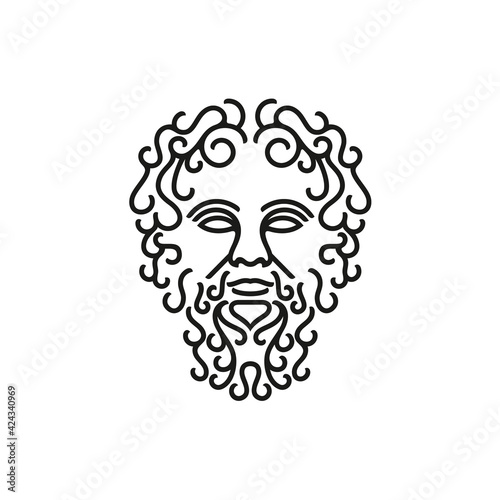 Greek god Zeus Line Art Logo. Ancient Greek God Sculpture Philosopher. Face Zeus Triton Neptune Logo Design
