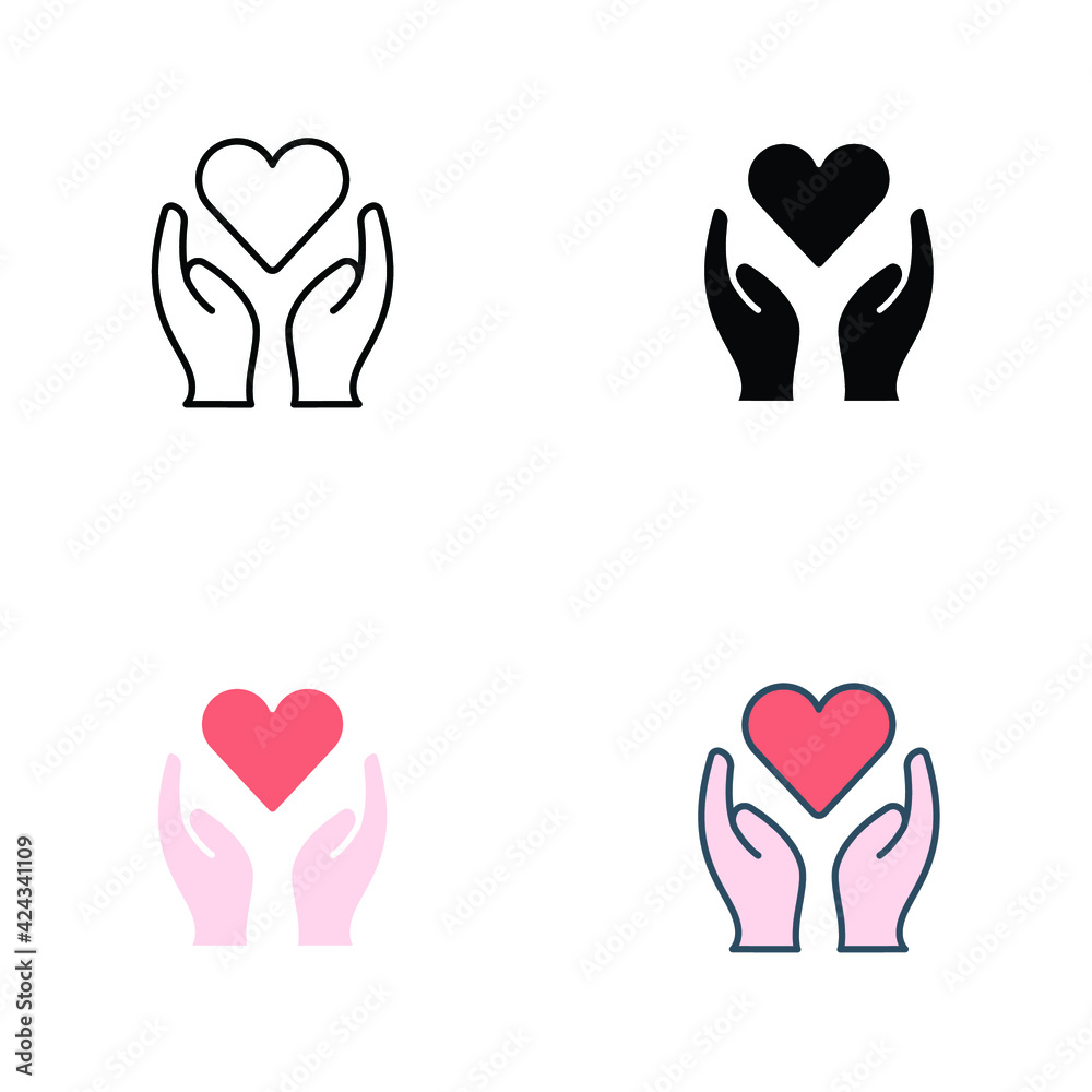 Hand heart icon in different style. Line, solid, flat, filled outline style. Holding, pictogram, care, graphic, life, health, save, love, give, charity concept. Vector illustration isolated. EPS 10. Hand heart icon in different style. Line, solid, flat, filled outline style. Holding, pictogram, care, graphic, life, health, save, love, give, charity concept. Vector illustration isolated. EPS 10.