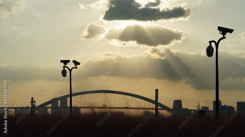 The beautiful sunset view along the river in the city