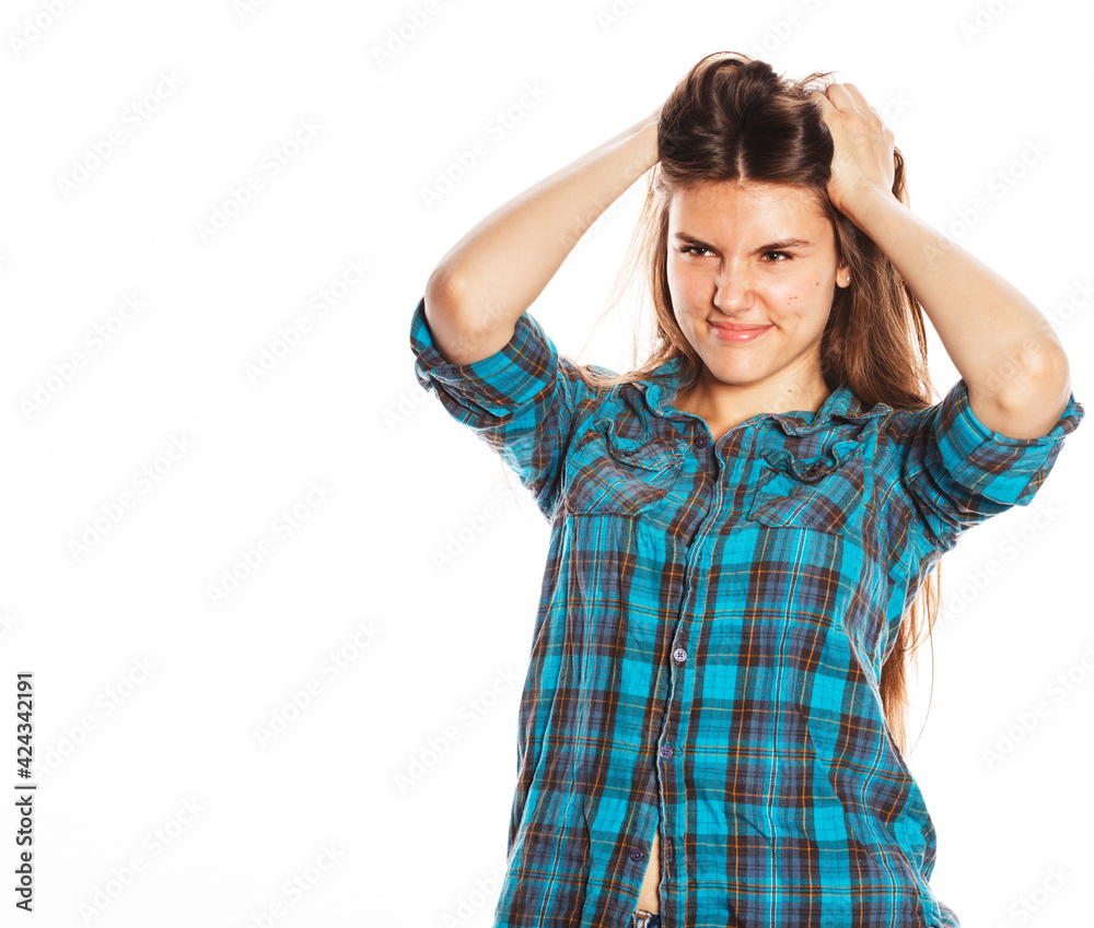 young pretty stylish hipster girl posing emotional isolated on white background happy smiling cool smile, lifestyle people concept close up