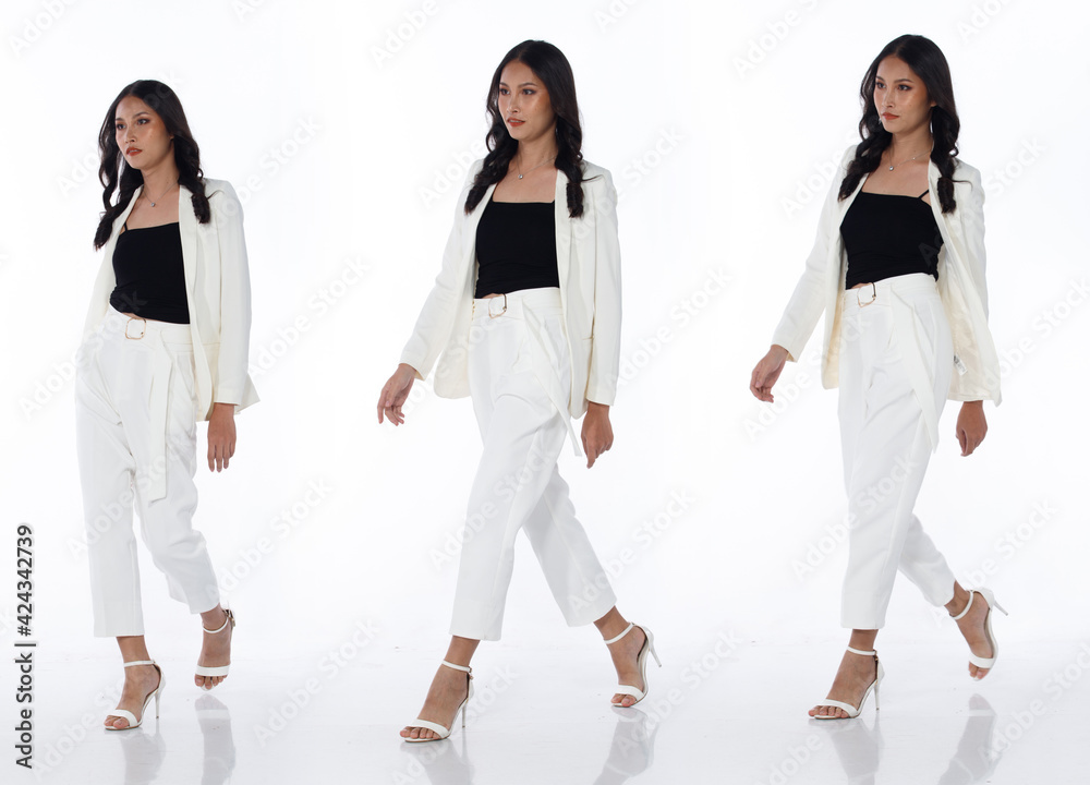 Asian Woman black hair stand fashion poses full length body, isolated Asian Woman black hair stand fashion poses full length body, isolated