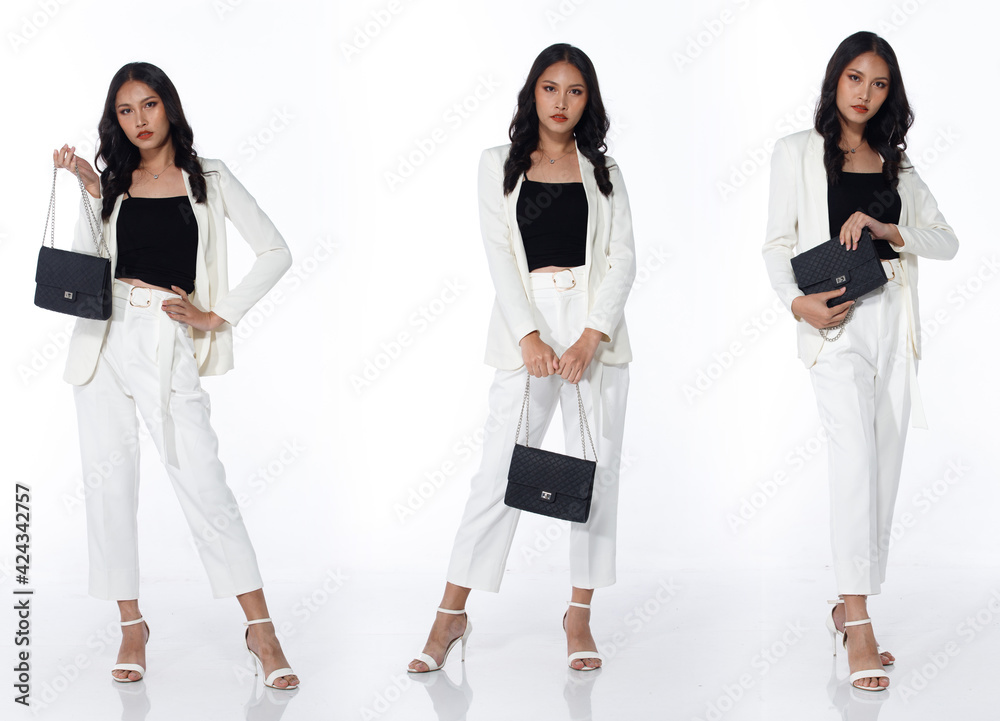 Asian Woman black hair stand fashion poses full length body, isolated