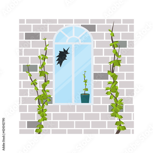 Broken window. The glass is damaged or cracked. Sharp shards. Building facade, brick wall. Abandoned house. Vector
