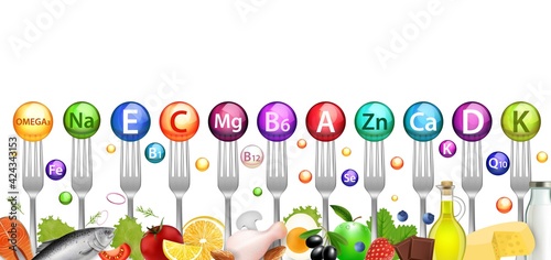 Vitamin mineral balls and foods rich in vitamins, vector illustration. Healthy nutrition, diet, natural food supplements