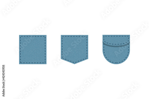 Denim patch pocket. Set of blue denim bag vector icons. Uniform casual style jeans pockets patches. 