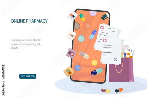 Online pharmacy. Medicines in a blister pack. Phone and invoice for payment. The concept of healthcare, online ordering or buying medicines over the Internet. Template. Vector.