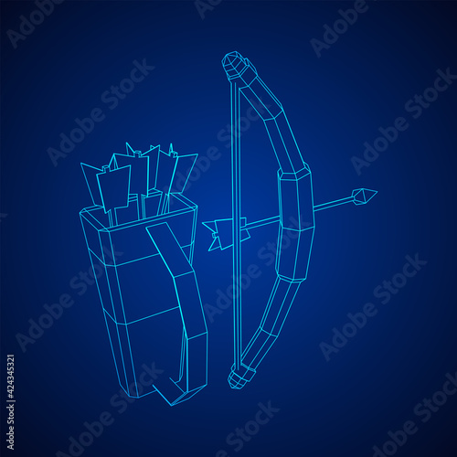 Medieval Bow and arrow archer weapon. Wireframe low poly mesh