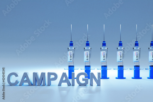 row of covid 19 sarsCov syringes with vaccine against pandemic; conceptual vaccination campaign; 3D Illustration photo