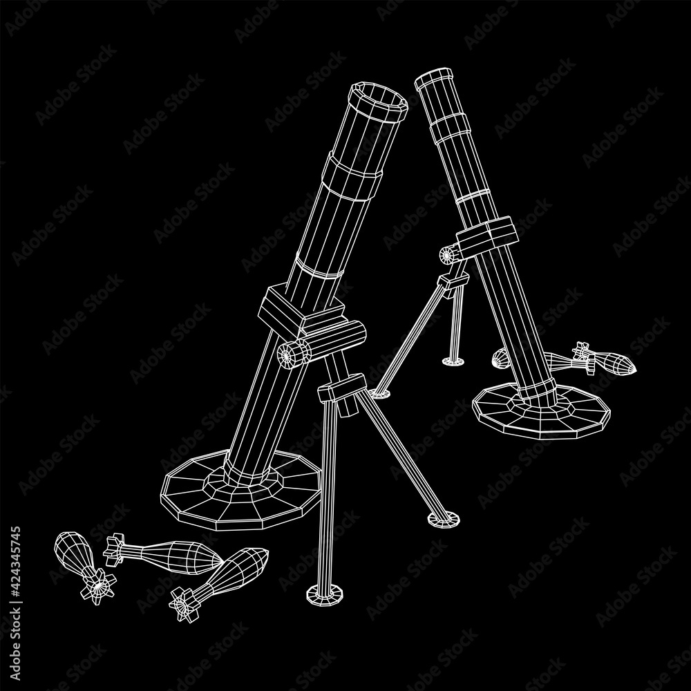 Firearm weapon army mortar and mine. Wireframe low poly Firearm weapon army mortar and mine. Wireframe low poly