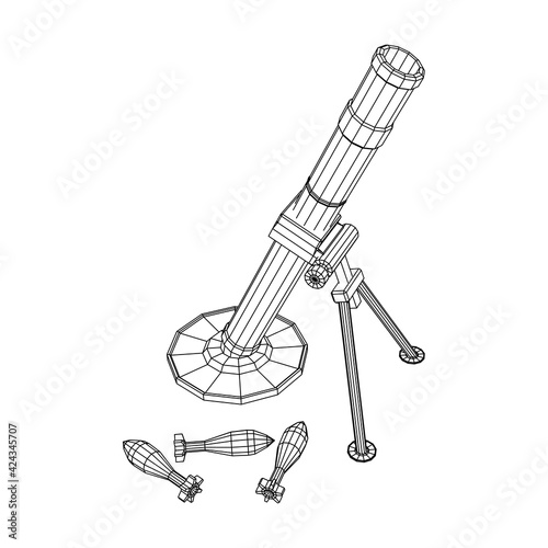 Firearm weapon army mortar and mine. Wireframe low poly