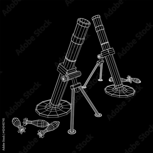 Firearm weapon army mortar and mine. Wireframe low poly