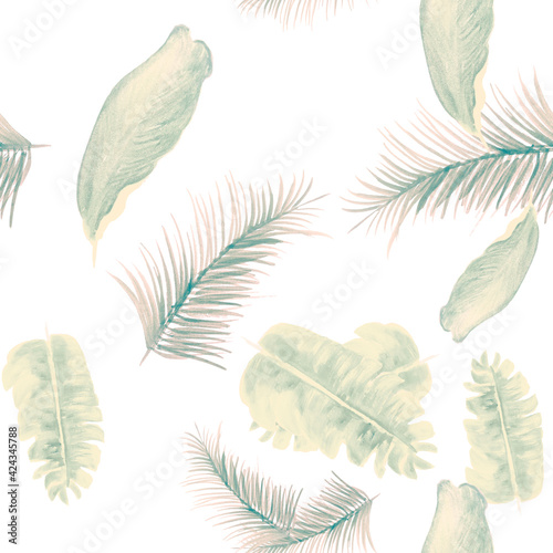 Gray Tropical Design. White Seamless Exotic. Pattern Illustration. Drawing Painting. Isolated Exotic. Banana Leaves. Floral Hibiscus. Flora Leaf. Spring Leaves.