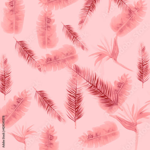 Gray Pattern Textile. Coral Tropical Foliage. Pink Floral Texture. Watercolor Botanical. Summer Textile. Garden Palm. Spring Illustration. Drawing Foliage.