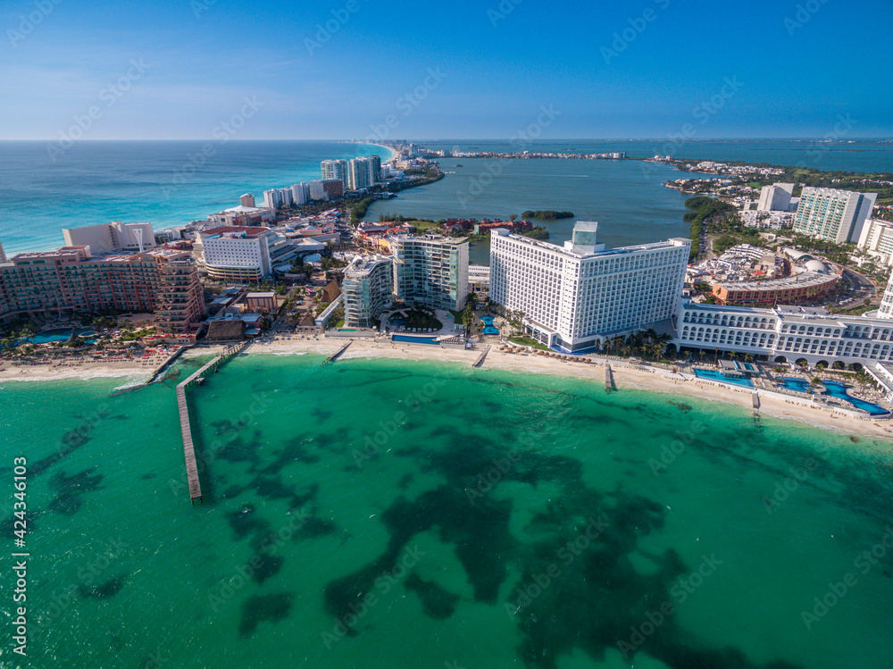 Drone from the coast line of  the Hotel Zone in Cancun Mexico