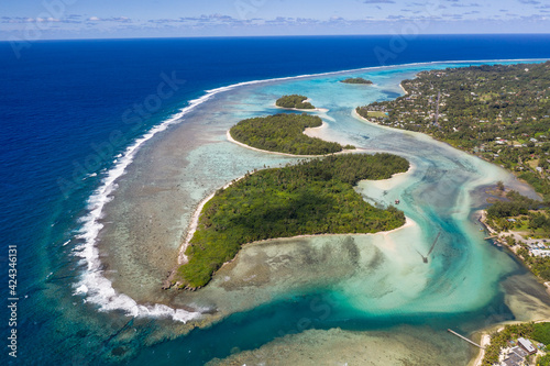 Stunning aerial view of the Muri beach and lagoon, in Rarotonga in the Cook islands in the South Pacific ocean on a sunny day