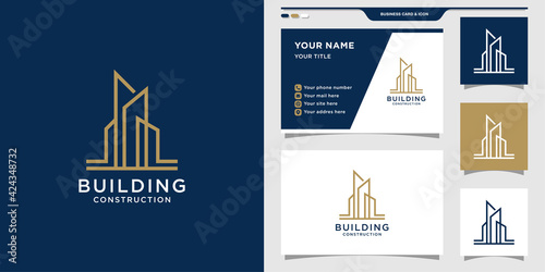 Building logo design with linear style and business card. Logo design inspiration, illustration. Premium Vector