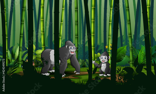 Cartoon a gorilla with her cub in bamboo forest