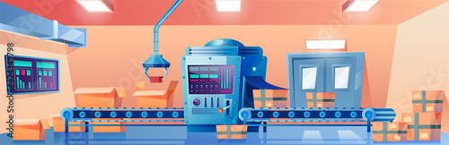 Conveyor belt with cardboard boxes, factory, plant, warehouse or post office interior with automated production line with parcels, goods or product in carton packages, Cartoon vector illustration
