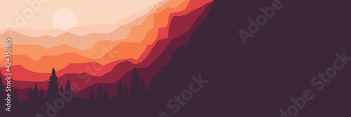 Landscape flat design vector illustration of mountain scenery good for web banner, blog banner, tourism poster design, tourism ads banner, social media template design and wallpaper design background