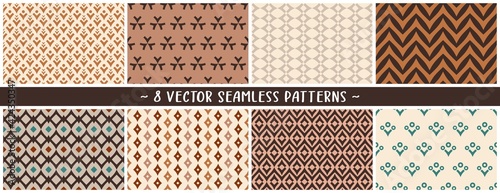 Set of vector eps geometric seamless patterns in earthy natural calming and ground hues for furnishing, apparel, architectural surfaces, graphic and web designs, digital or print it on paper products.