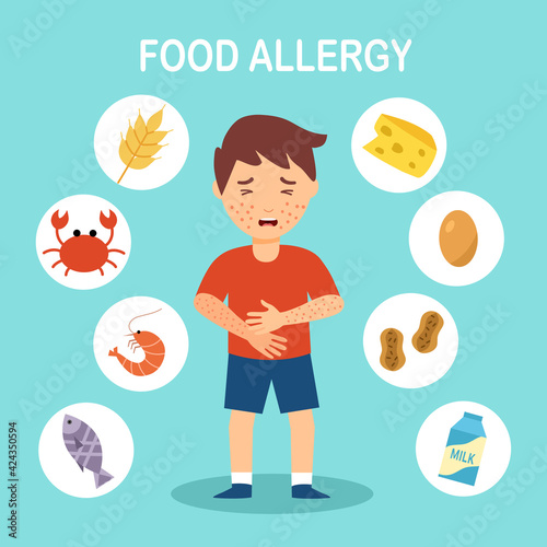 Boy kids having food allergy symptom to products like seafood, gluten, egg, peanut and milk in flat design. Child got red spots on his skin.