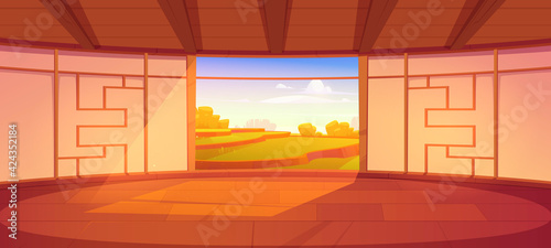 Dojo room, empty japanese style interior for meditation or martial arts workout with wooden floor and open door with scenic peaceful view on asian rice field, Cartoon vector illustration