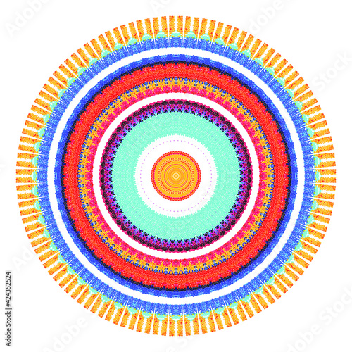 Creative multicolored points round symbol. Abstract symmetrical logo. Mosaic colorful beautiful beads. Circle dots modern pixel floral art icon. Colored pattern ornament wheel decorative illustration.