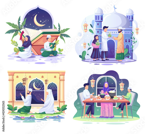 Set of Ramadhan concept illustration. Happy Muslim people celebrate Holy Month Ramadhan, Eid Mubarak greeting. vector illustration.