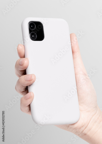 White mobile phone case mockup in hand product showcase b