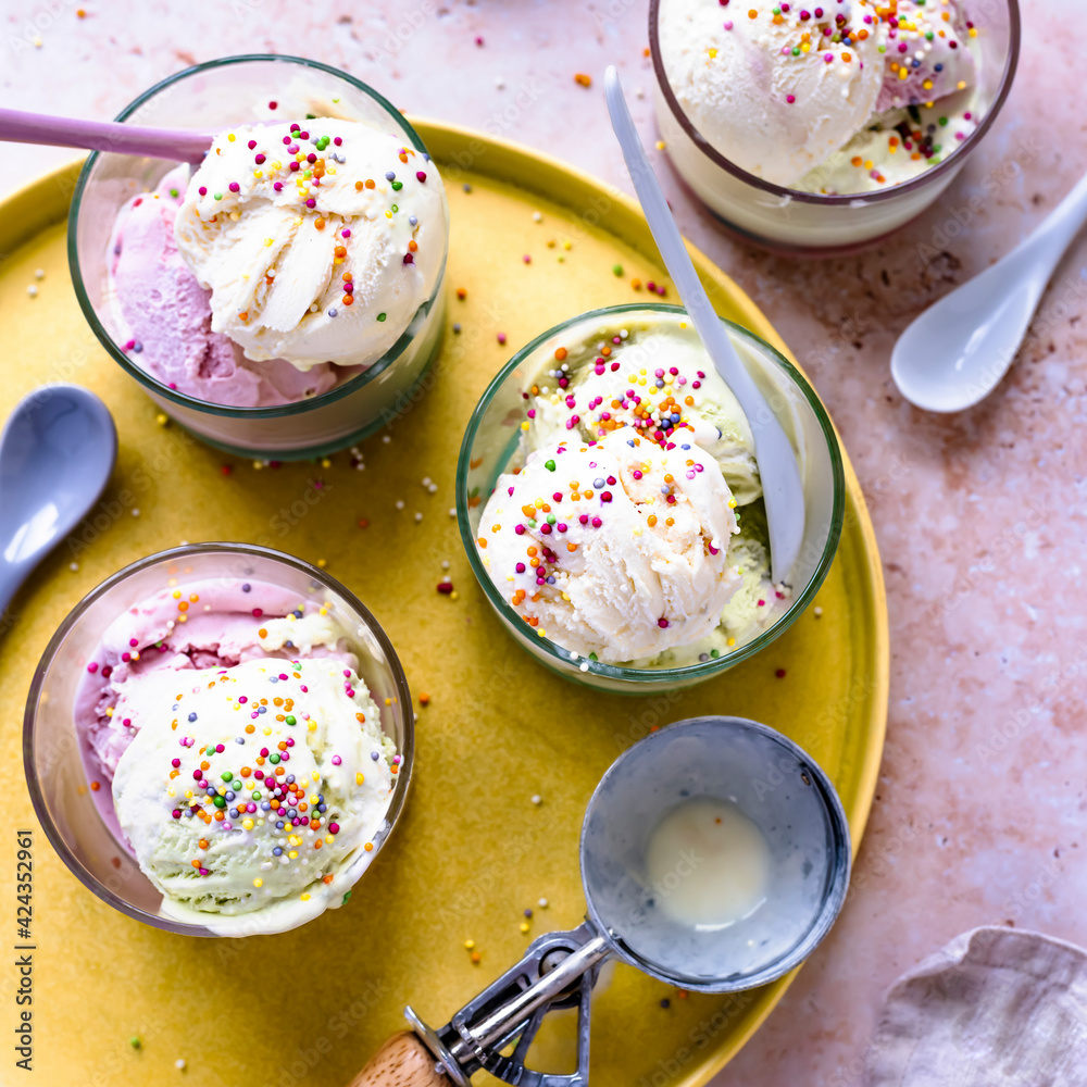 Dessert flat lay with ice cream and funfetti Dessert flat lay with ice cream and funfetti