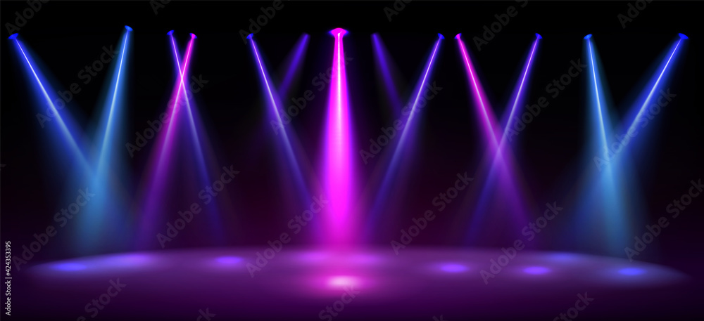 Stage illuminated by blue and pink spotlights. Empty scene with spots of light on floor. Vector realistic illustration of studio, theater or club interior with color beams of lamps