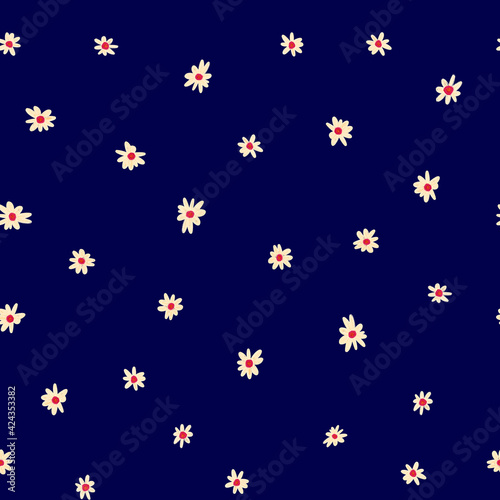 Ditsy flowers white on blue seamless background. Floral repeating pattern small flowers. Ditsy print. Seamless texture. Surface pattern design for textile, fashion, fabric, wallpaper, summer spring.