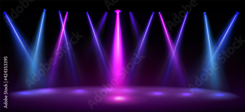 Stage illuminated by blue and pink spotlights. Empty scene with spots of light on floor. Vector realistic illustration of studio, theater or club interior with color beams of lamps photo
