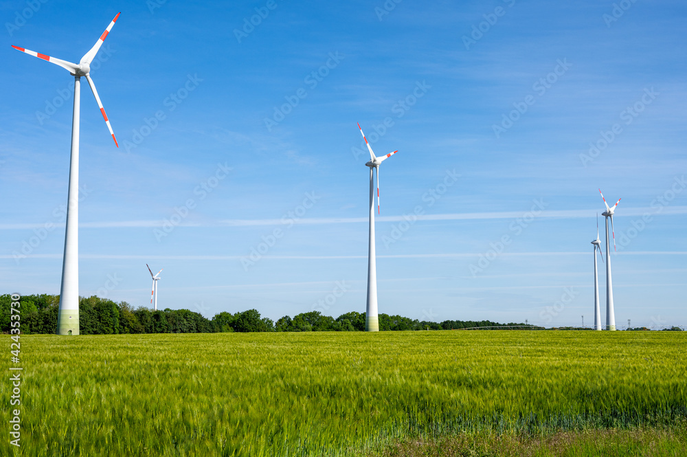 Wind turbines in a grain field seen in Germany Wind turbines in a grain field seen in Germany
