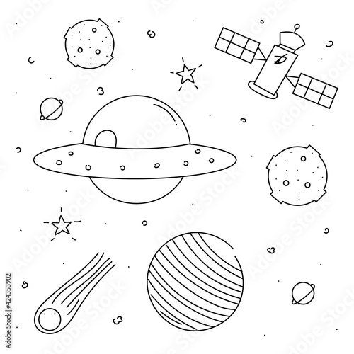 Set of galaxy planet doodles isolated on white background. 