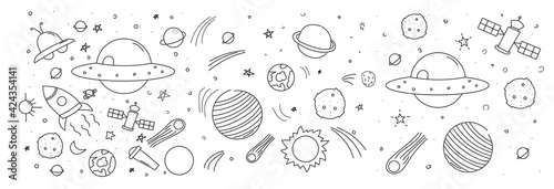 Set of galaxy planet doodles isolated on white background. 