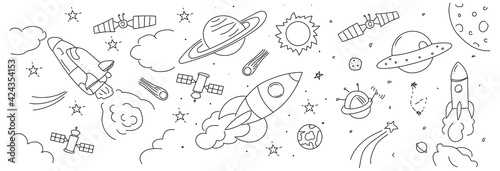 Set of galaxy planet doodles isolated on white background. 