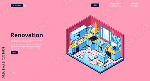 Renovation banner. Modern service for repair and improvement interiors. Vector landing page with isometric illustration of house kitchen with furniture, floor tiles and tools for renovate