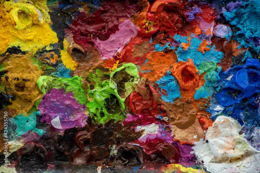 Mumbai , India - 15 March 2021, Artists acrylic paints palette at Mumbai Maharashtra India