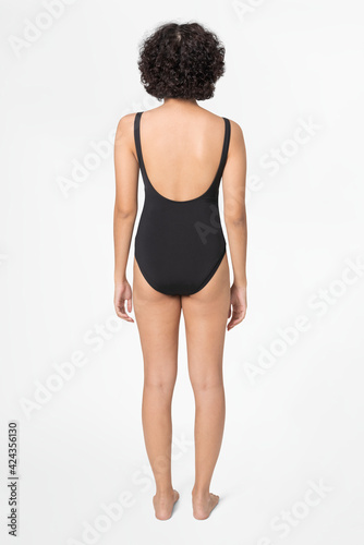 One-piece black swimsuit women’s summer fashion with design space rear view
